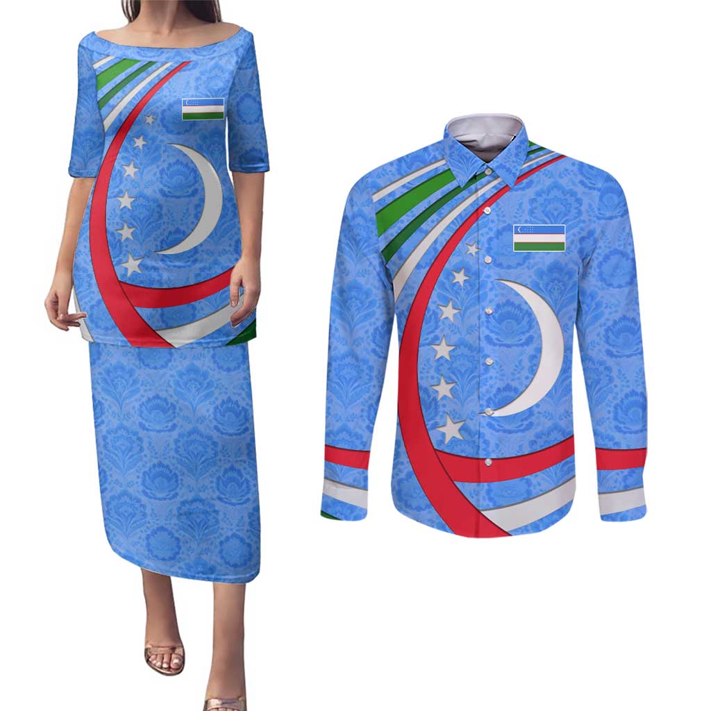 Uzbekistan Couples Matching Puletasi and Long Sleeve Button Shirt with Crescent Star and Ornamental Swirl Design - Wonder Print Shop