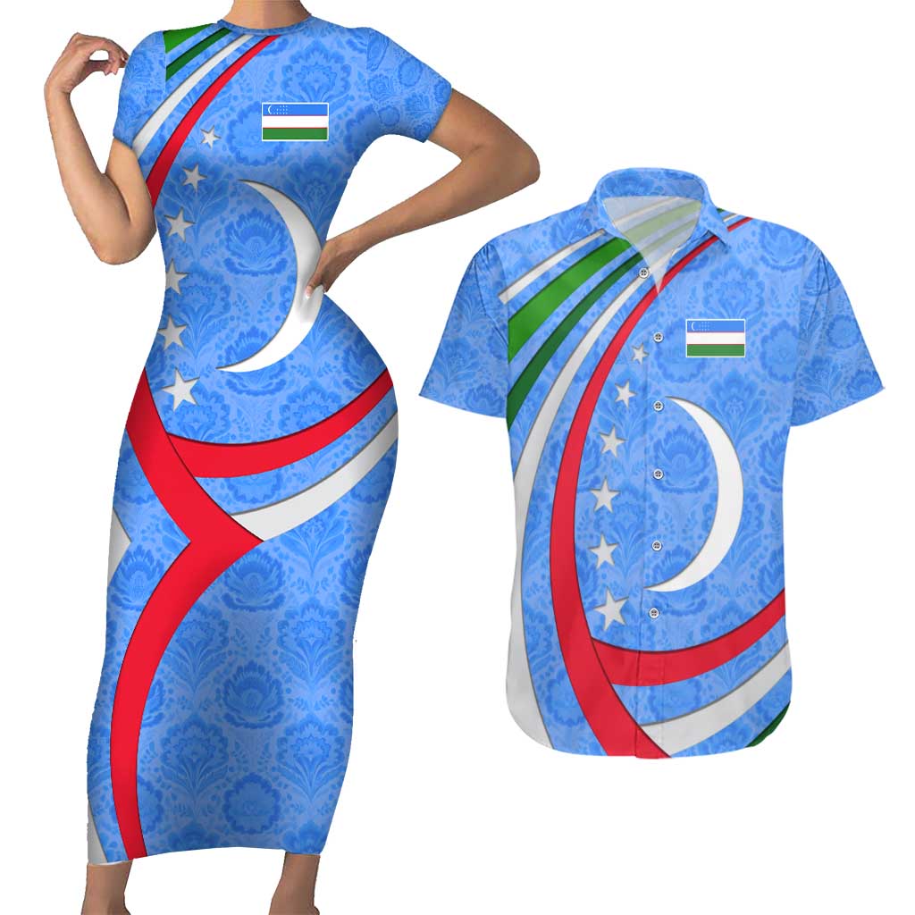 Uzbekistan Couples Matching Short Sleeve Bodycon Dress and Hawaiian Shirt with Crescent Star and Ornamental Swirl Design - Wonder Print Shop