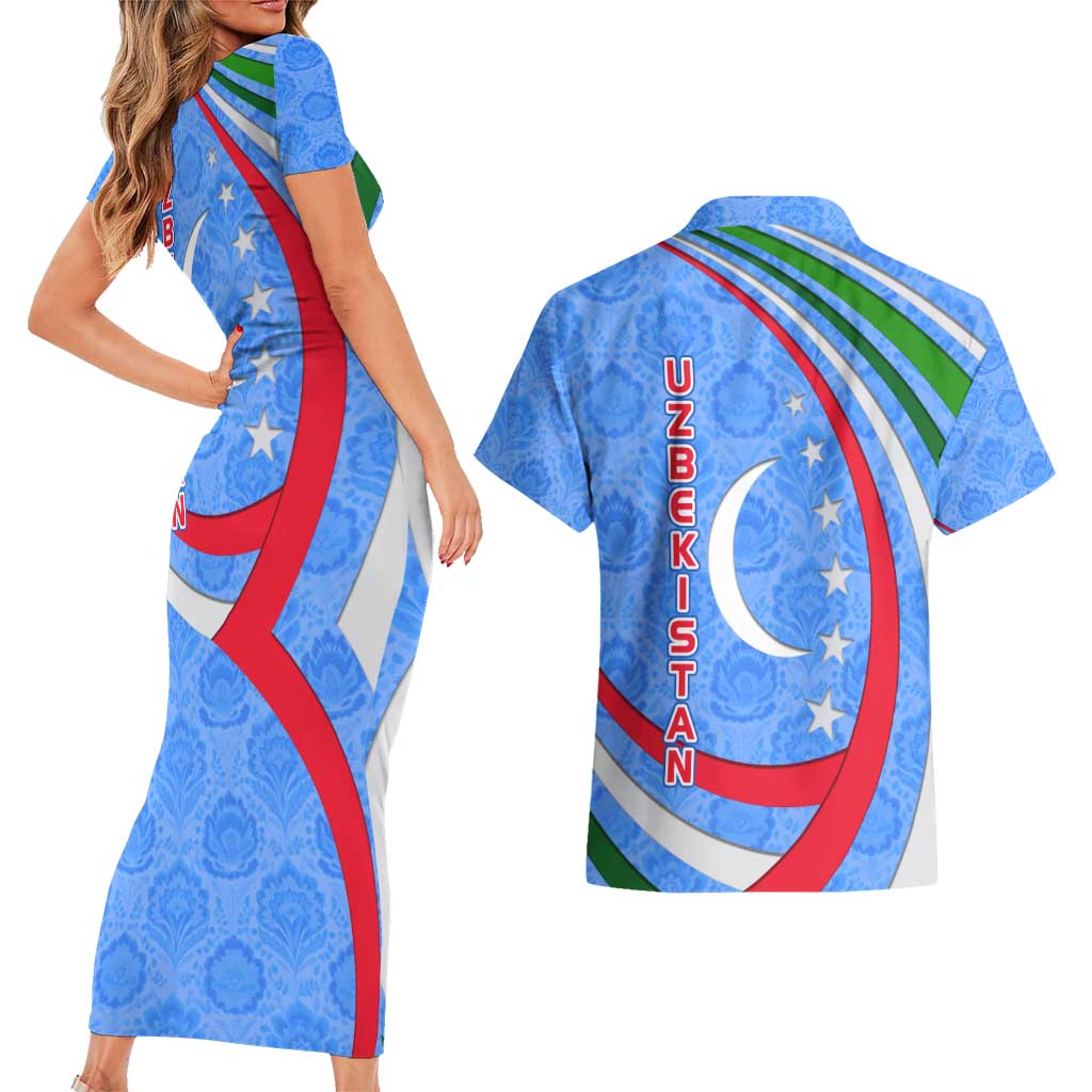 Uzbekistan Couples Matching Short Sleeve Bodycon Dress and Hawaiian Shirt with Crescent Star and Ornamental Swirl Design - Wonder Print Shop