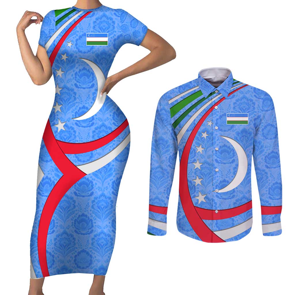 Uzbekistan Couples Matching Short Sleeve Bodycon Dress and Long Sleeve Button Shirt with Crescent Star and Ornamental Swirl Design - Wonder Print Shop