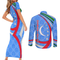 Uzbekistan Couples Matching Short Sleeve Bodycon Dress and Long Sleeve Button Shirt with Crescent Star and Ornamental Swirl Design - Wonder Print Shop