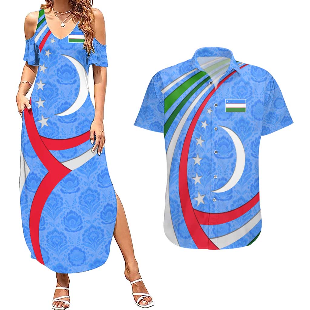 Uzbekistan Couples Matching Summer Maxi Dress and Hawaiian Shirt with Crescent Star and Ornamental Swirl Design - Wonder Print Shop