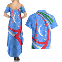 Uzbekistan Couples Matching Summer Maxi Dress and Hawaiian Shirt with Crescent Star and Ornamental Swirl Design - Wonder Print Shop