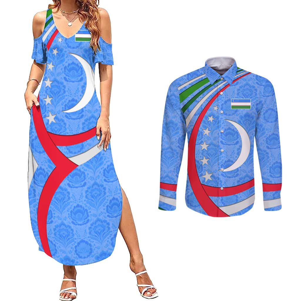 Uzbekistan Couples Matching Summer Maxi Dress and Long Sleeve Button Shirt with Crescent Star and Ornamental Swirl Design - Wonder Print Shop