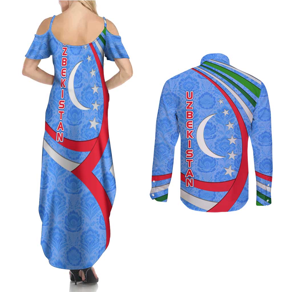 Uzbekistan Couples Matching Summer Maxi Dress and Long Sleeve Button Shirt with Crescent Star and Ornamental Swirl Design - Wonder Print Shop