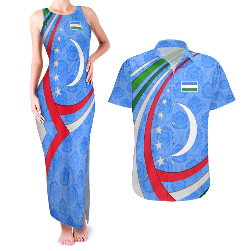 Uzbekistan Couples Matching Tank Maxi Dress and Hawaiian Shirt with Crescent Star and Ornamental Swirl Design - Wonder Print Shop