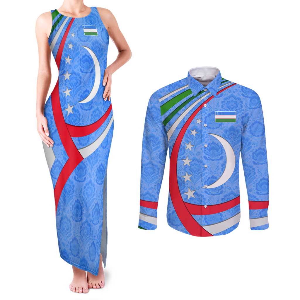 Uzbekistan Couples Matching Tank Maxi Dress and Long Sleeve Button Shirt with Crescent Star and Ornamental Swirl Design - Wonder Print Shop