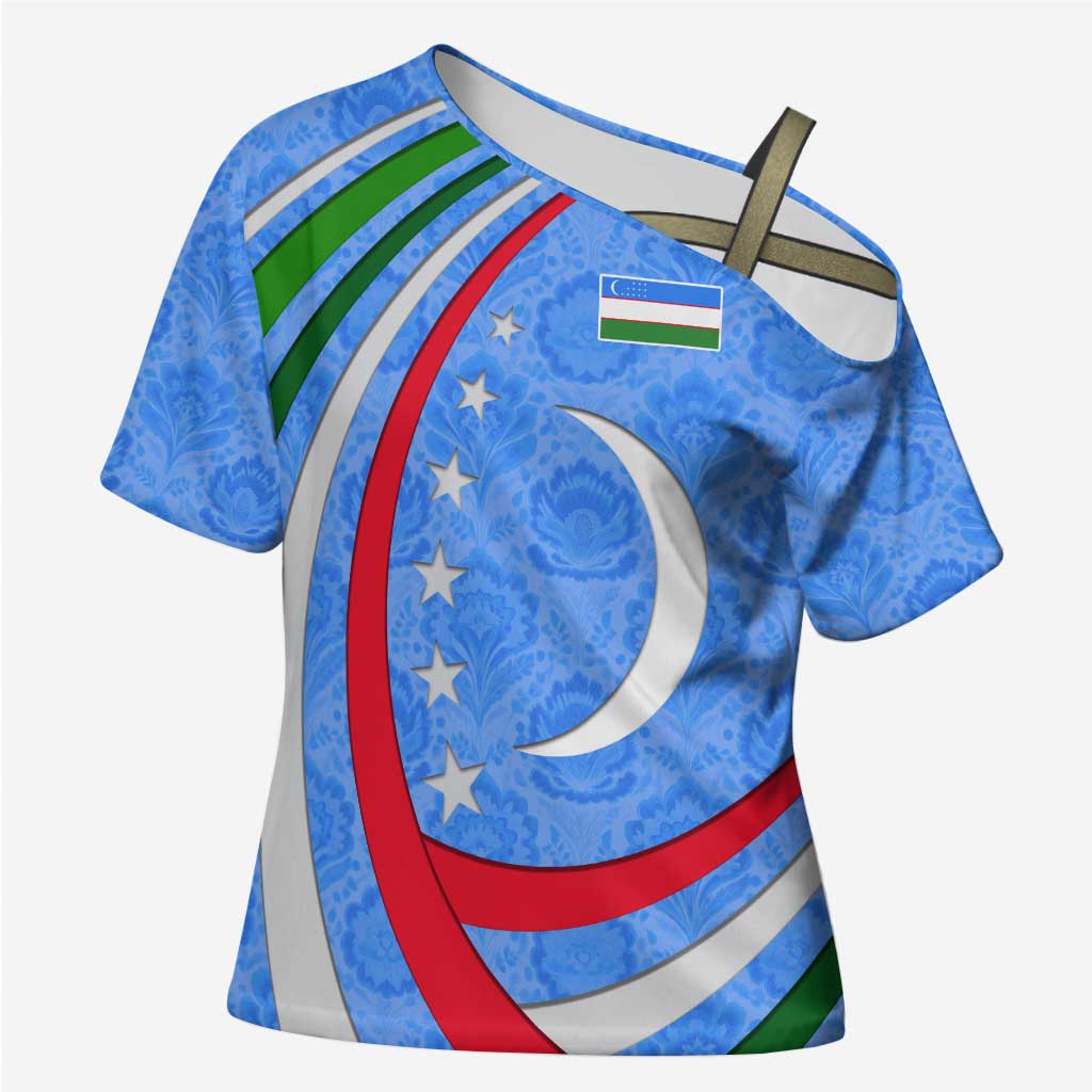 Uzbekistan Cross Shoulder Shirt with Crescent Star and Ornamental Swirl Design - Wonder Print Shop
