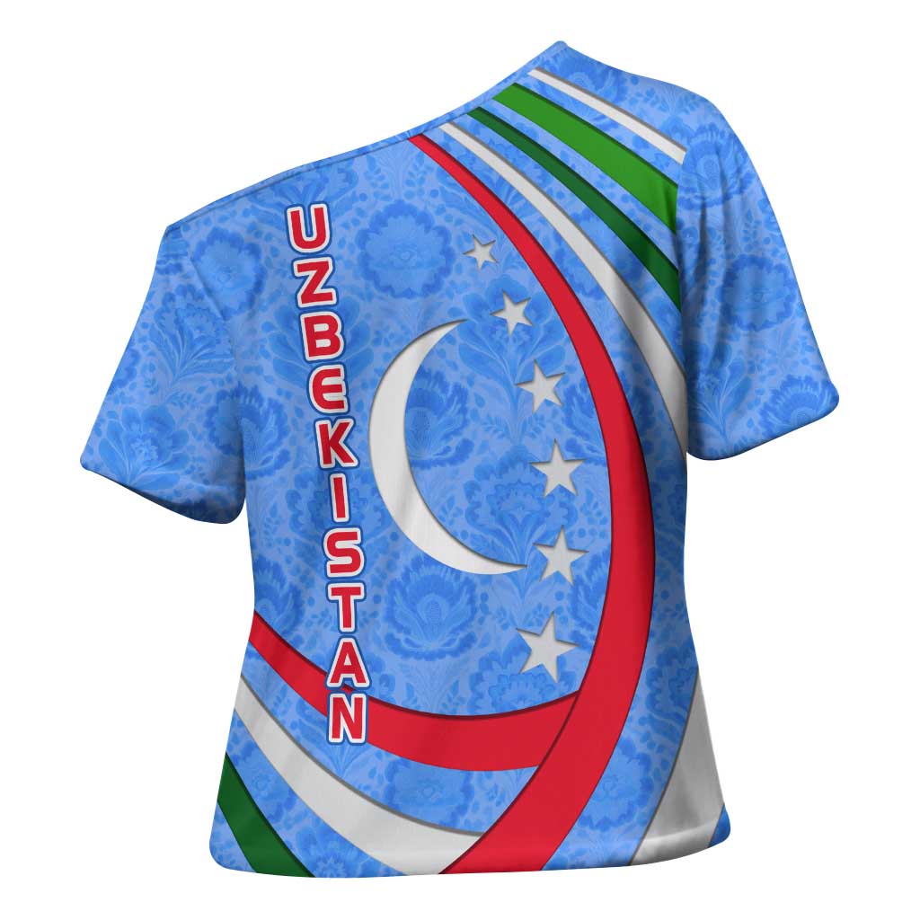 Uzbekistan Cross Shoulder Shirt with Crescent Star and Ornamental Swirl Design - Wonder Print Shop