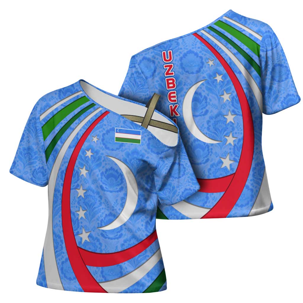 Uzbekistan Cross Shoulder Shirt with Crescent Star and Ornamental Swirl Design - Wonder Print Shop