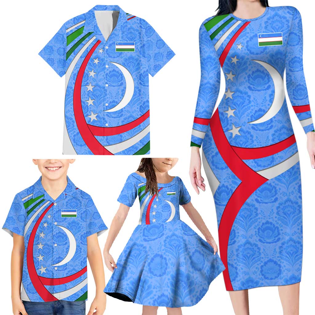 Uzbekistan Family Matching Long Sleeve Bodycon Dress and Hawaiian Shirt with Crescent Star and Ornamental Swirl Design - Wonder Print Shop