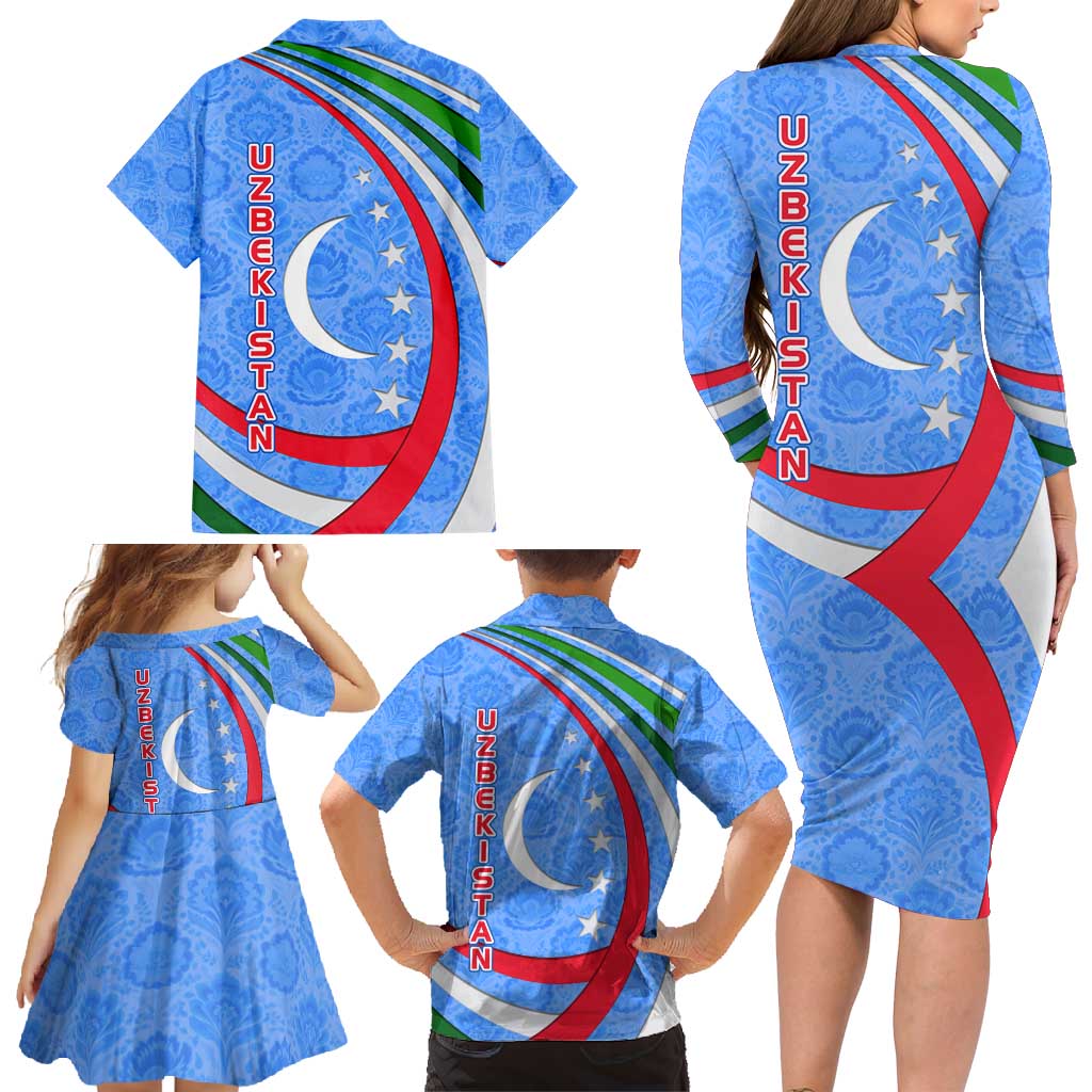 Uzbekistan Family Matching Long Sleeve Bodycon Dress and Hawaiian Shirt with Crescent Star and Ornamental Swirl Design - Wonder Print Shop