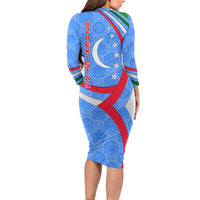 Uzbekistan Family Matching Long Sleeve Bodycon Dress and Hawaiian Shirt with Crescent Star and Ornamental Swirl Design - Wonder Print Shop
