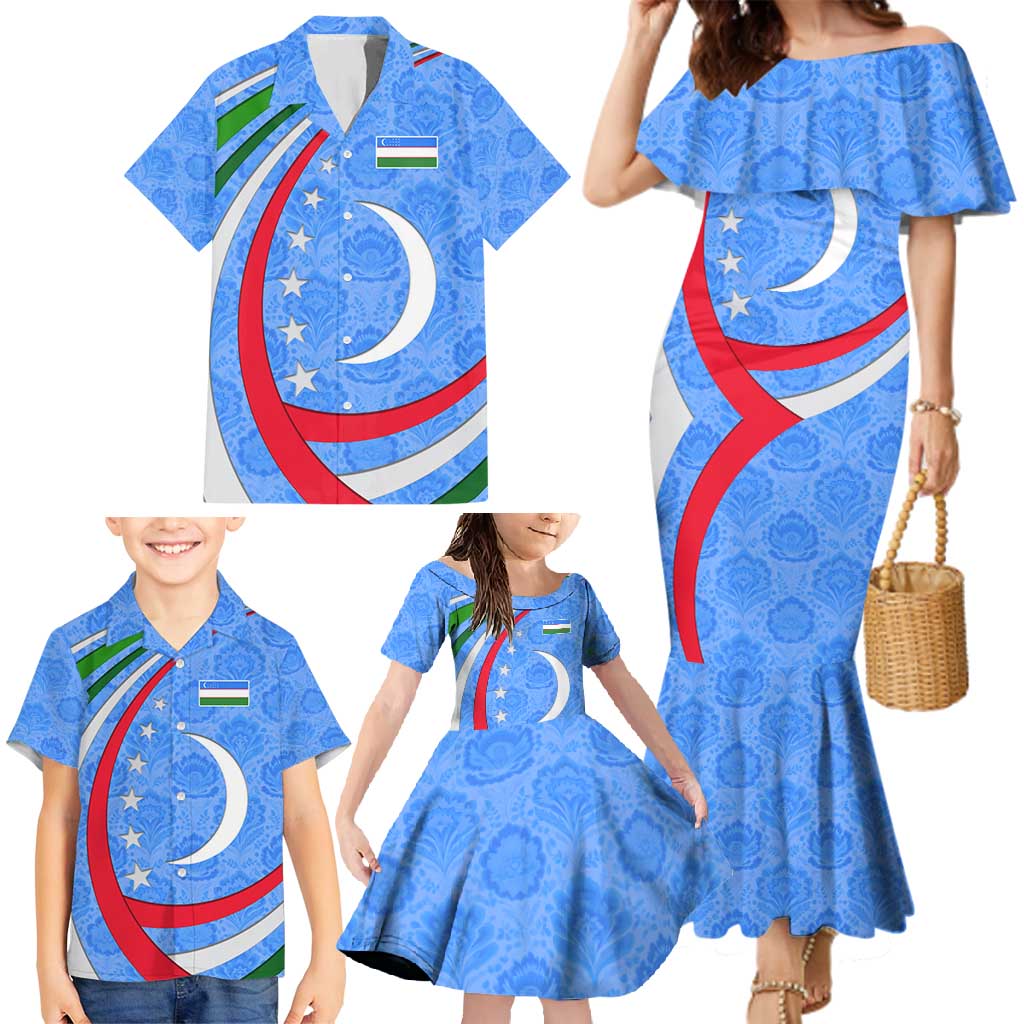 Uzbekistan Family Matching Mermaid Dress and Hawaiian Shirt with Crescent Star and Ornamental Swirl Design - Wonder Print Shop