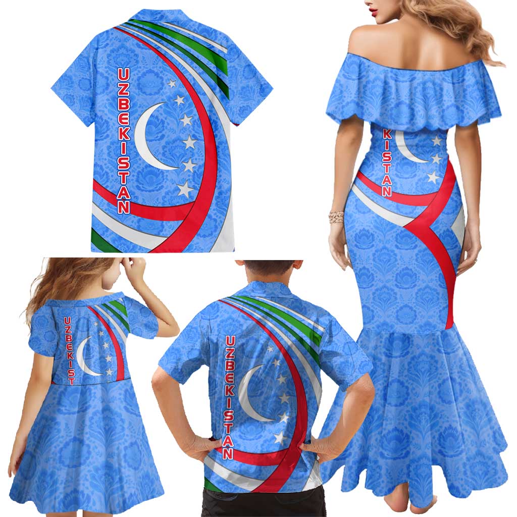 Uzbekistan Family Matching Mermaid Dress and Hawaiian Shirt with Crescent Star and Ornamental Swirl Design - Wonder Print Shop