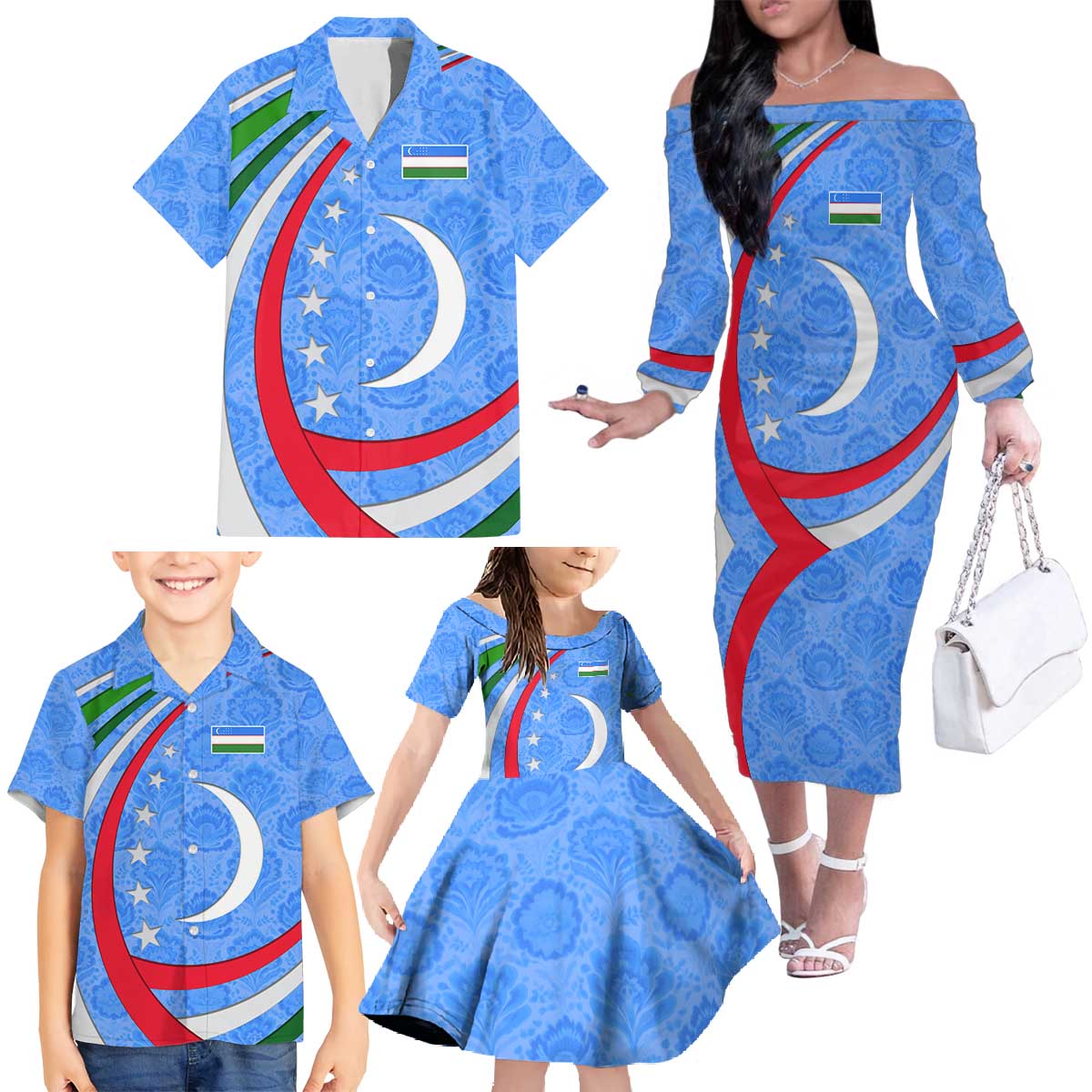 Uzbekistan Family Matching Off The Shoulder Long Sleeve Dress and Hawaiian Shirt with Crescent Star and Ornamental Swirl Design - Wonder Print Shop