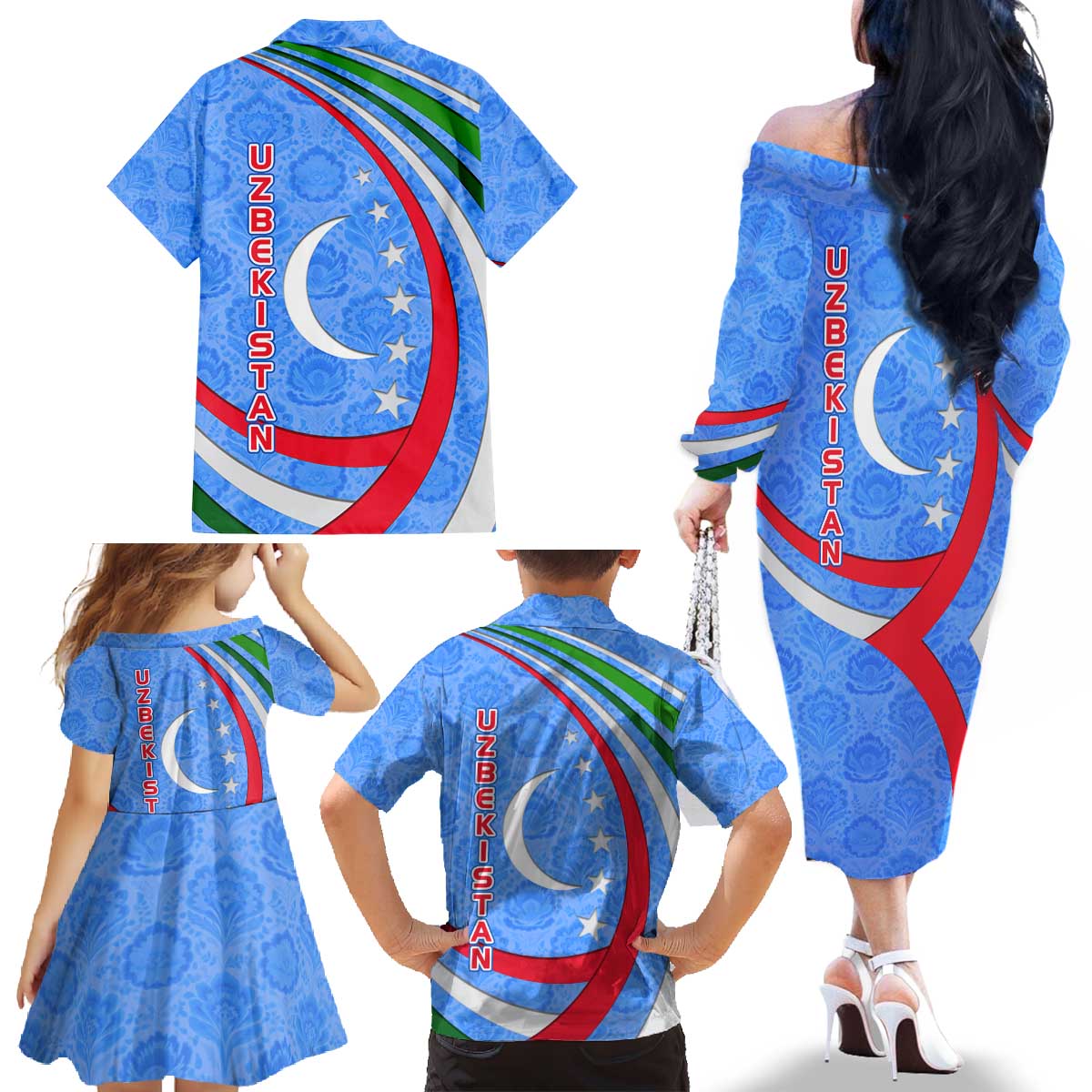 Uzbekistan Family Matching Off The Shoulder Long Sleeve Dress and Hawaiian Shirt with Crescent Star and Ornamental Swirl Design - Wonder Print Shop