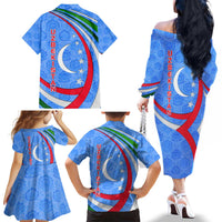 Uzbekistan Family Matching Off The Shoulder Long Sleeve Dress and Hawaiian Shirt with Crescent Star and Ornamental Swirl Design - Wonder Print Shop