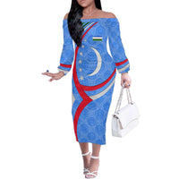 Uzbekistan Family Matching Off The Shoulder Long Sleeve Dress and Hawaiian Shirt with Crescent Star and Ornamental Swirl Design - Wonder Print Shop