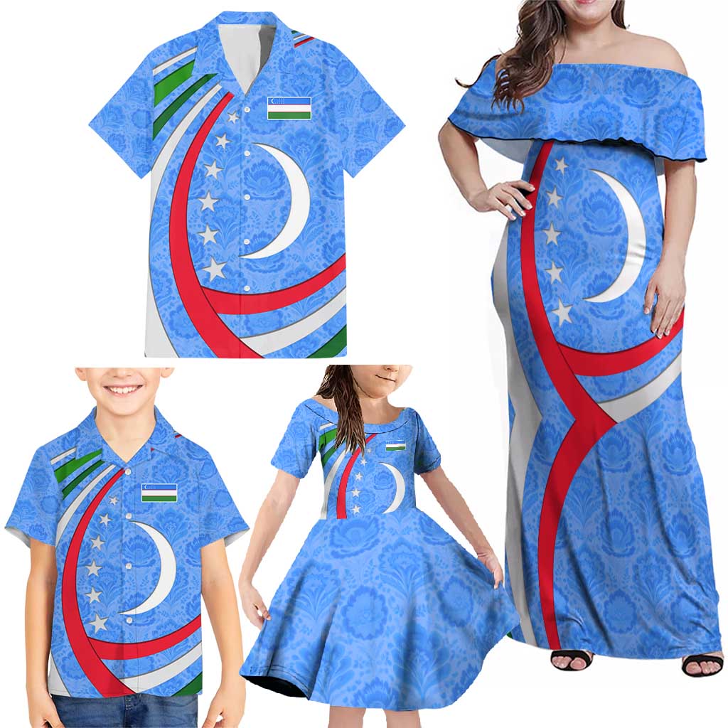 Uzbekistan Family Matching Off Shoulder Maxi Dress and Hawaiian Shirt with Crescent Star and Ornamental Swirl Design - Wonder Print Shop