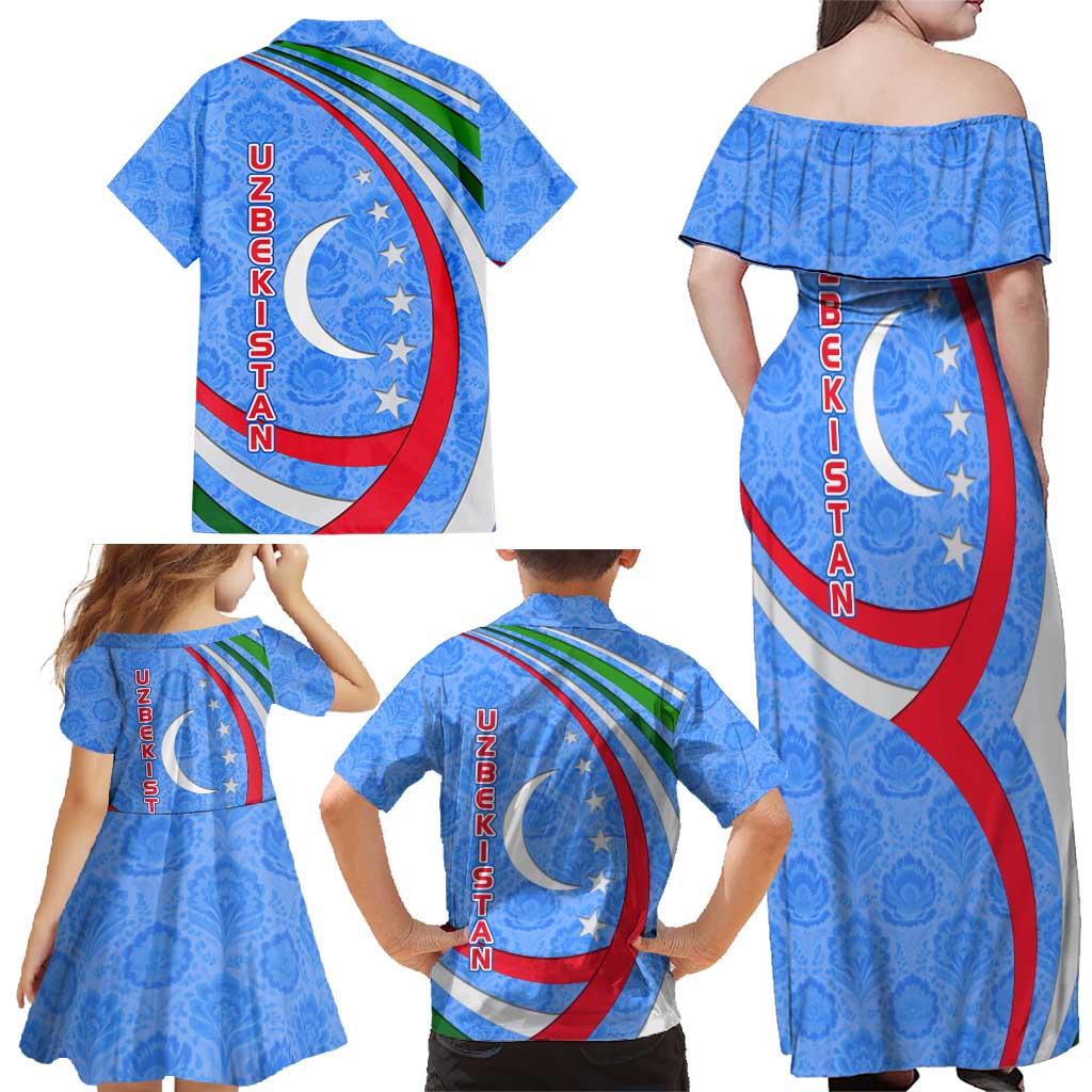 Uzbekistan Family Matching Off Shoulder Maxi Dress and Hawaiian Shirt with Crescent Star and Ornamental Swirl Design - Wonder Print Shop