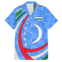 Uzbekistan Family Matching Off Shoulder Maxi Dress and Hawaiian Shirt with Crescent Star and Ornamental Swirl Design - Wonder Print Shop