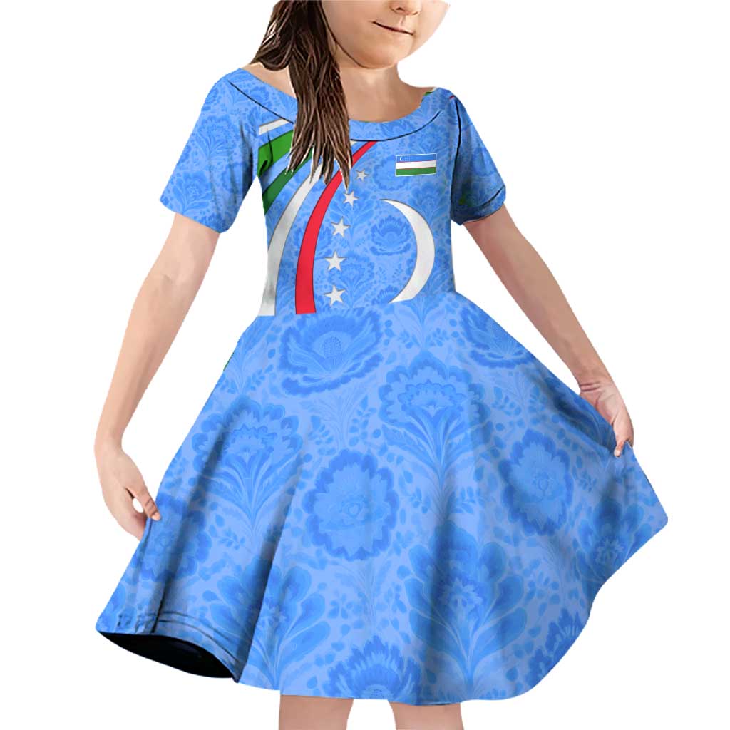 Uzbekistan Family Matching Off Shoulder Short Dress and Hawaiian Shirt with Crescent Star and Ornamental Swirl Design - Wonder Print Shop