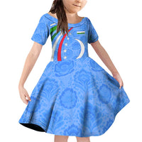 Uzbekistan Family Matching Off Shoulder Short Dress and Hawaiian Shirt with Crescent Star and Ornamental Swirl Design - Wonder Print Shop