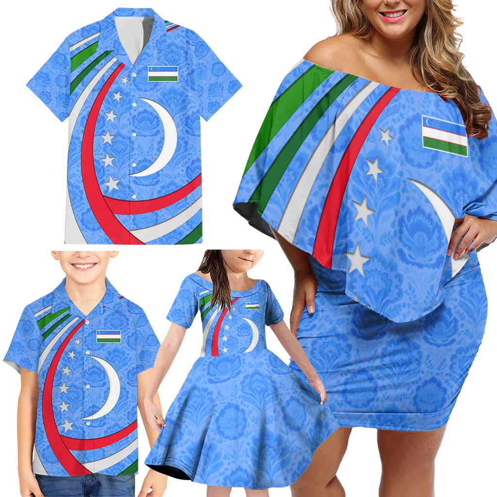 Uzbekistan Family Matching Off Shoulder Short Dress and Hawaiian Shirt with Crescent Star and Ornamental Swirl Design - Wonder Print Shop