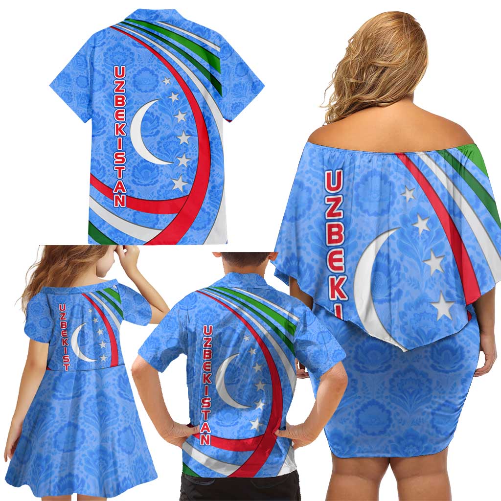 Uzbekistan Family Matching Off Shoulder Short Dress and Hawaiian Shirt with Crescent Star and Ornamental Swirl Design - Wonder Print Shop