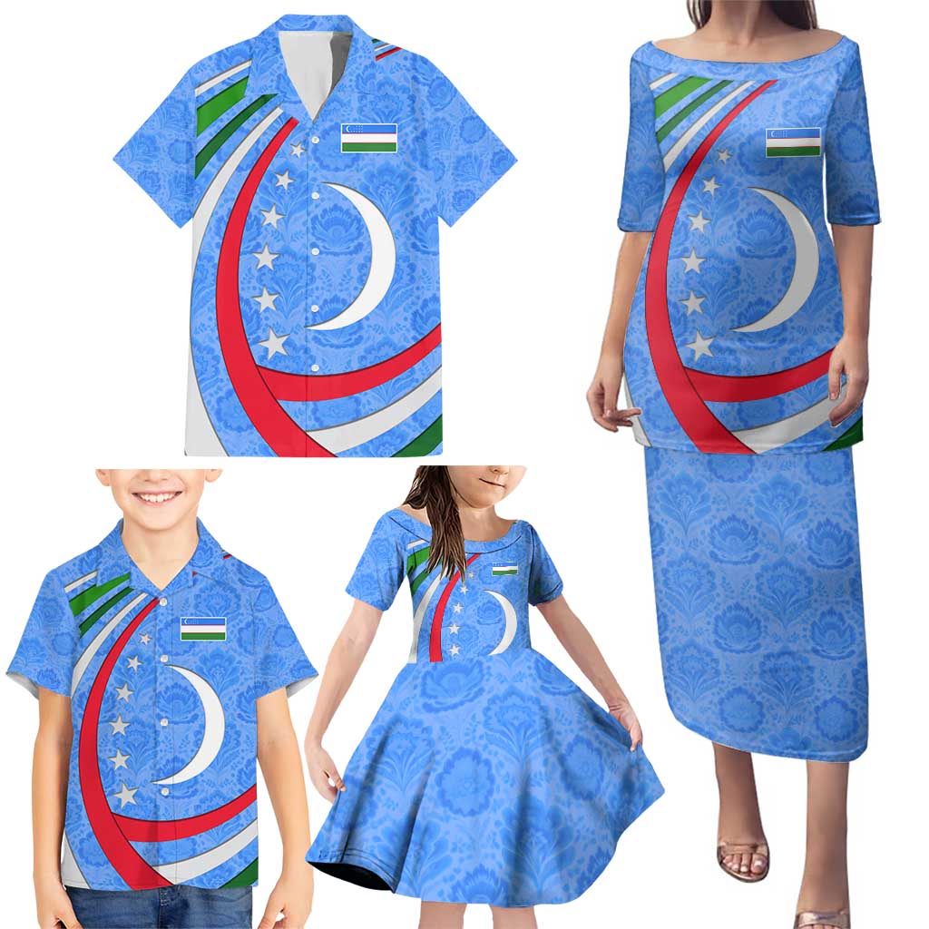 Uzbekistan Family Matching Puletasi and Hawaiian Shirt with Crescent Star and Ornamental Swirl Design - Wonder Print Shop