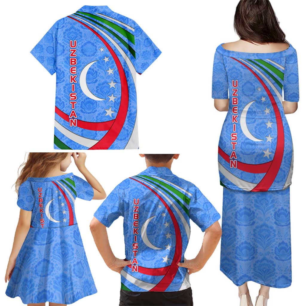 Uzbekistan Family Matching Puletasi and Hawaiian Shirt with Crescent Star and Ornamental Swirl Design - Wonder Print Shop