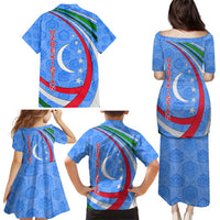 Uzbekistan Family Matching Puletasi and Hawaiian Shirt with Crescent Star and Ornamental Swirl Design - Wonder Print Shop