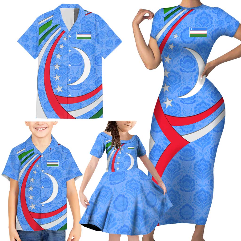 Uzbekistan Family Matching Short Sleeve Bodycon Dress and Hawaiian Shirt with Crescent Star and Ornamental Swirl Design - Wonder Print Shop