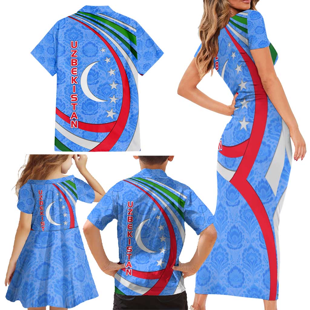 Uzbekistan Family Matching Short Sleeve Bodycon Dress and Hawaiian Shirt with Crescent Star and Ornamental Swirl Design - Wonder Print Shop