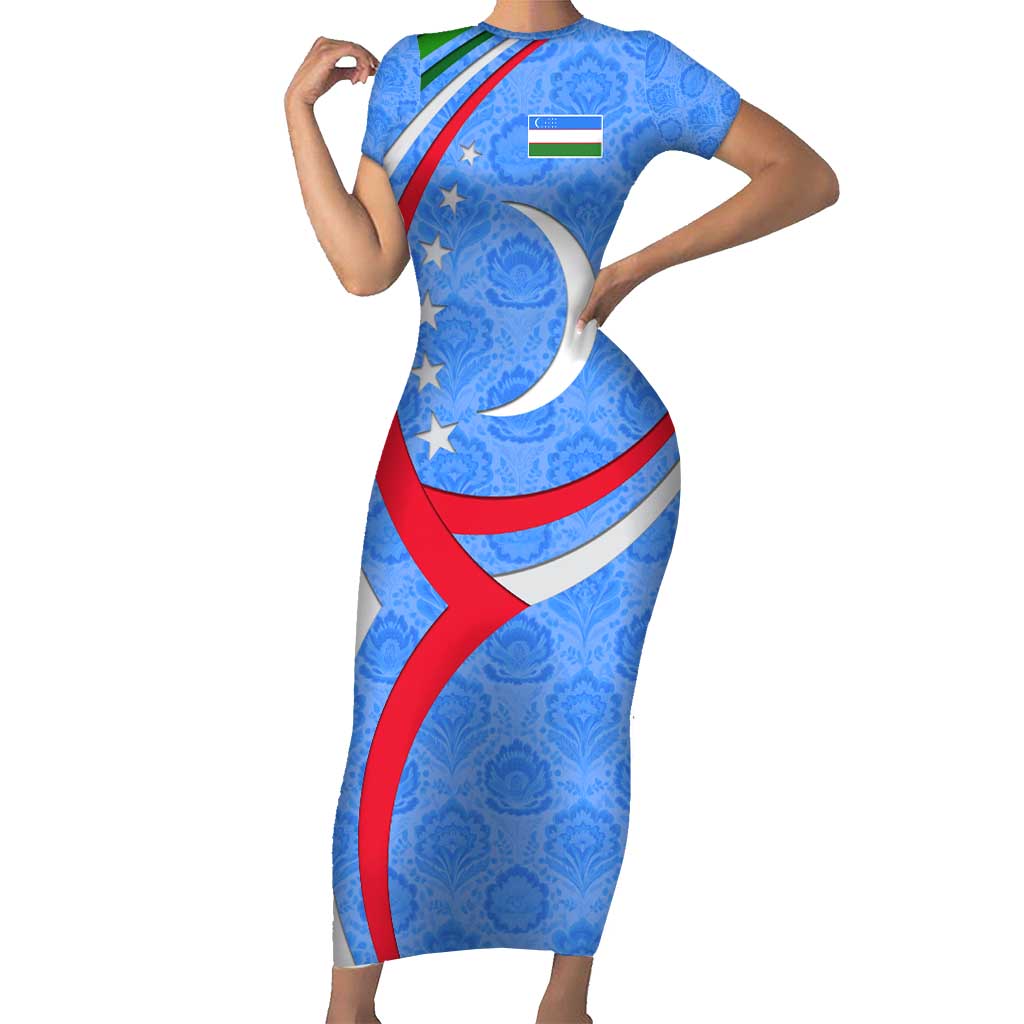 Uzbekistan Family Matching Short Sleeve Bodycon Dress and Hawaiian Shirt with Crescent Star and Ornamental Swirl Design - Wonder Print Shop