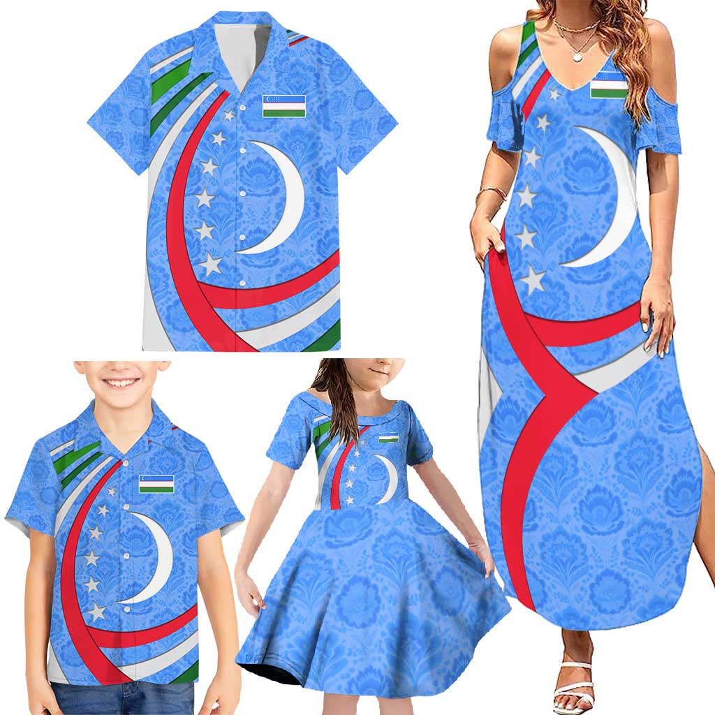 Uzbekistan Family Matching Summer Maxi Dress and Hawaiian Shirt with Crescent Star and Ornamental Swirl Design - Wonder Print Shop