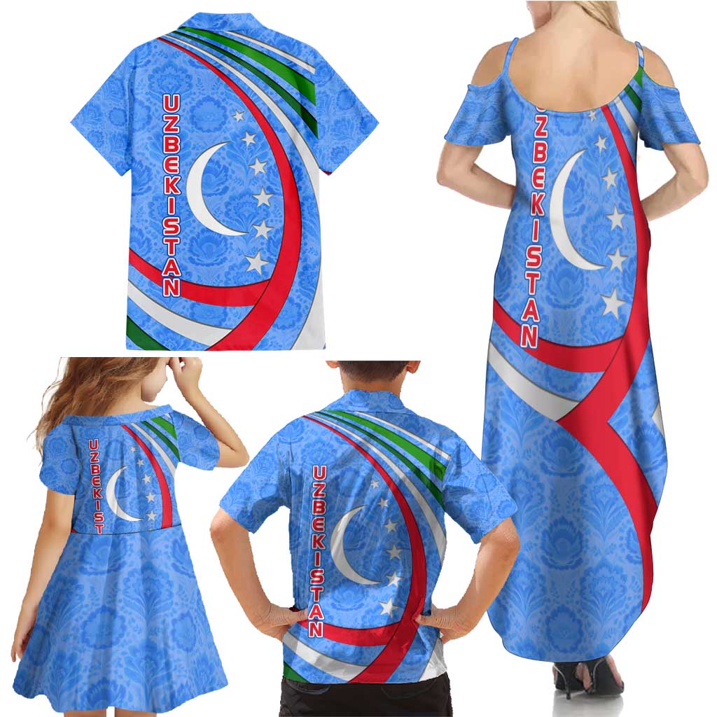 Uzbekistan Family Matching Summer Maxi Dress and Hawaiian Shirt with Crescent Star and Ornamental Swirl Design - Wonder Print Shop