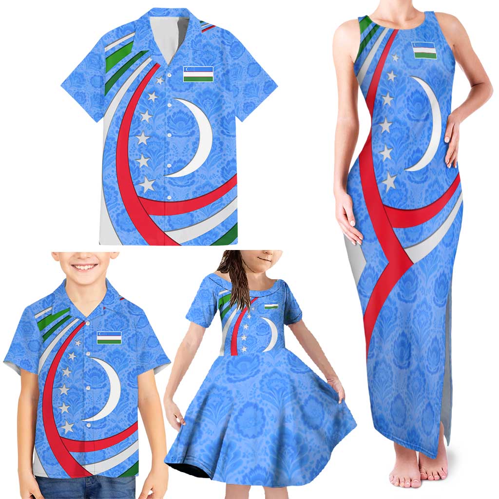 Uzbekistan Family Matching Tank Maxi Dress and Hawaiian Shirt with Crescent Star and Ornamental Swirl Design - Wonder Print Shop