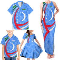 Uzbekistan Family Matching Tank Maxi Dress and Hawaiian Shirt with Crescent Star and Ornamental Swirl Design - Wonder Print Shop