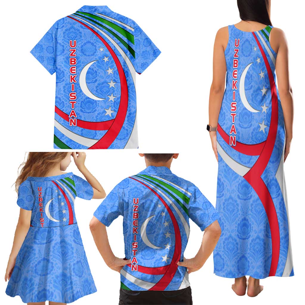 Uzbekistan Family Matching Tank Maxi Dress and Hawaiian Shirt with Crescent Star and Ornamental Swirl Design - Wonder Print Shop