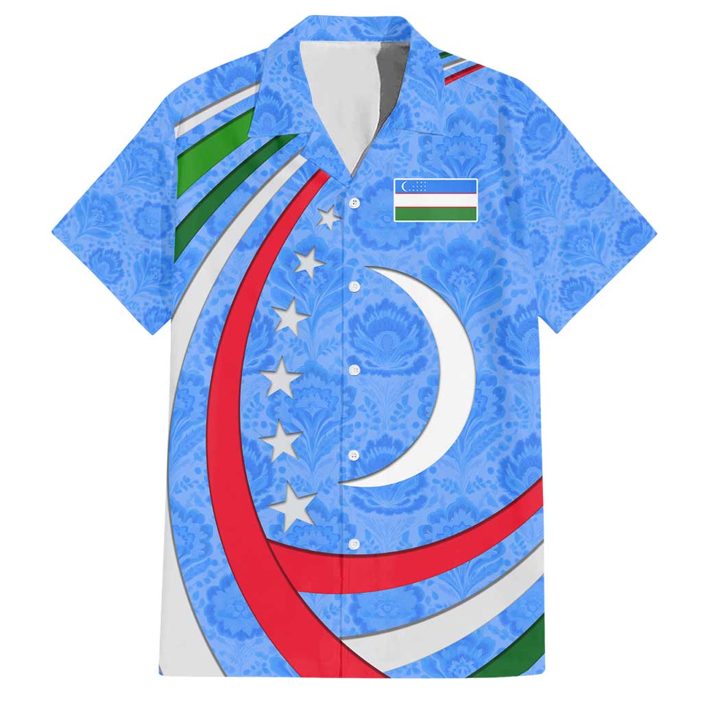 Uzbekistan Hawaiian Shirt with Crescent Star and Ornamental Swirl Design - Wonder Print Shop