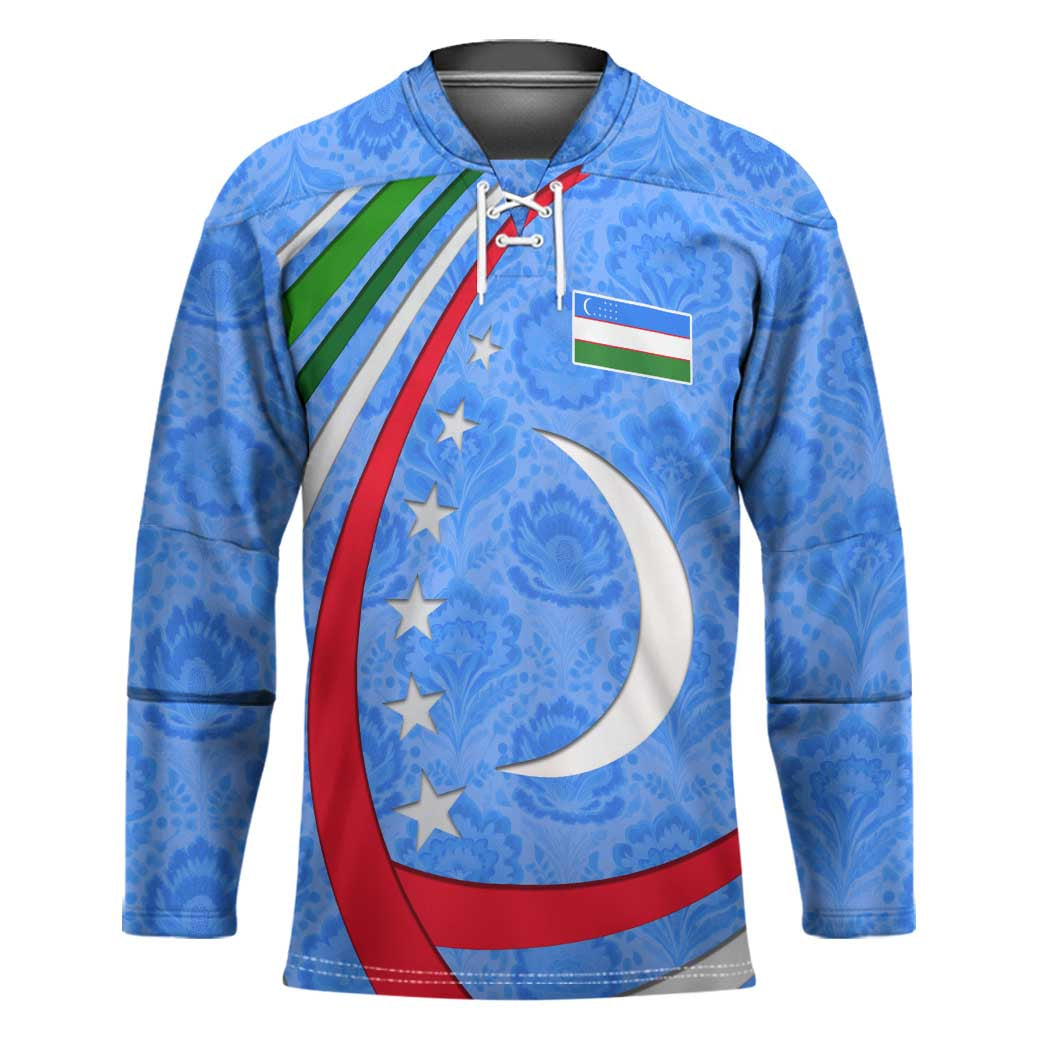 Uzbekistan Hockey Jersey with Crescent Star and Ornamental Swirl Design - Wonder Print Shop