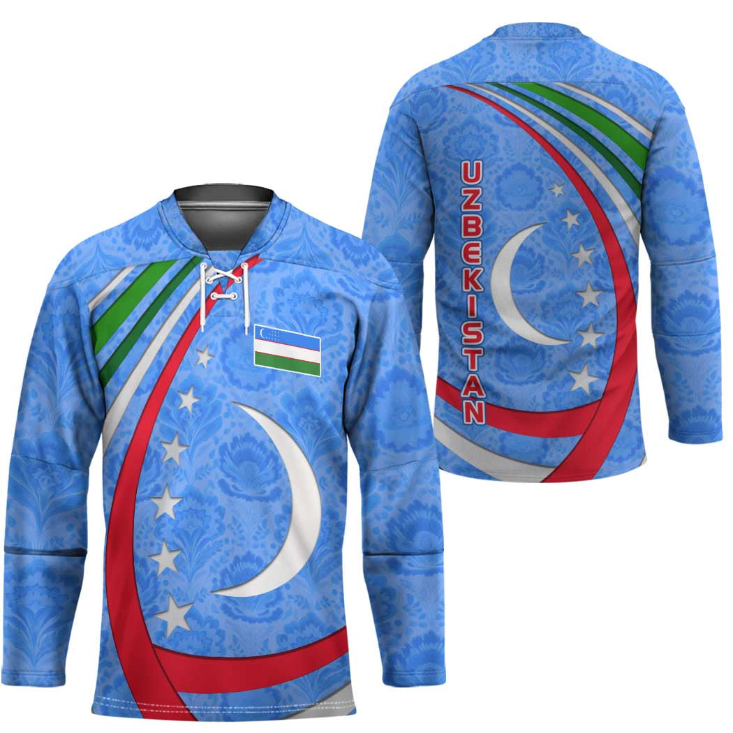 Uzbekistan Hockey Jersey with Crescent Star and Ornamental Swirl Design - Wonder Print Shop