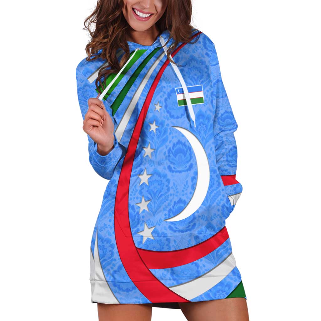 Uzbekistan Hoodie Dress with Crescent Star and Ornamental Swirl Design - Wonder Print Shop