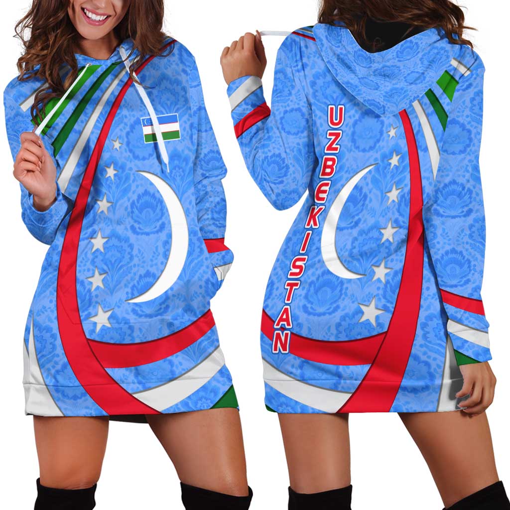 Uzbekistan Hoodie Dress with Crescent Star and Ornamental Swirl Design - Wonder Print Shop