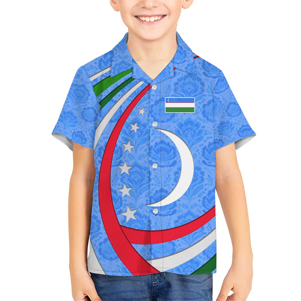 Uzbekistan Kid Hawaiian Shirt with Crescent Star and Ornamental Swirl Design - Wonder Print Shop