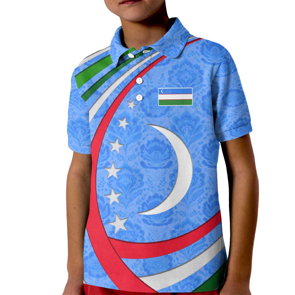 Uzbekistan Kid Polo Shirt with Crescent Star and Ornamental Swirl Design - Wonder Print Shop