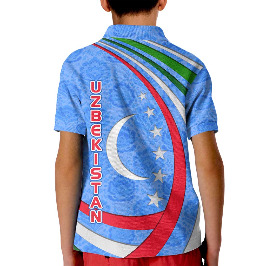 Uzbekistan Kid Polo Shirt with Crescent Star and Ornamental Swirl Design - Wonder Print Shop