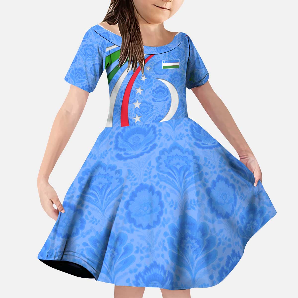 Uzbekistan Kid Short Sleeve Dress with Crescent Star and Ornamental Swirl Design - Wonder Print Shop
